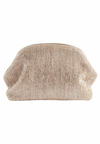 Pochette en tissu beige tissé avec une forme arrondie, une surface texturée et une fermeture éclair en haut.