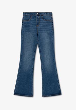 Jean en denim bleu à taille haute et jambes évasées, avec poches avant, bouton et fermeture éclair.