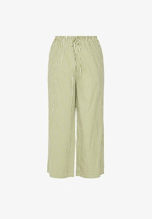 Pantalon ample à rayures verticales vert clair et blanc, taille élastique et fermeture à cordon à l'avant.