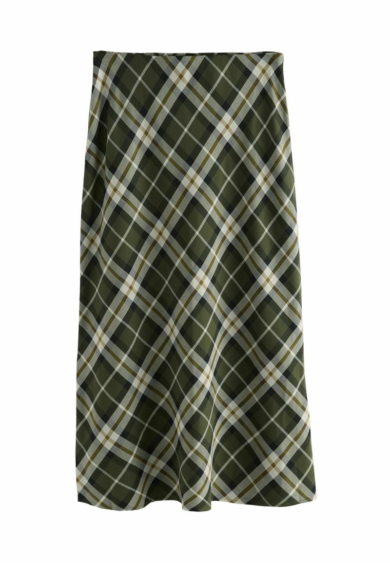Jupe trapèze à carreaux verts et noirs avec des lignes blanches et marron, longueur genou, présentée sur fond blanc.