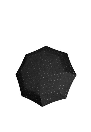 Schwarzer Regenschirm mit kleinen weißen Punkten, von oben betrachtet, vollständig geöffnet vor weißem Hintergrund.