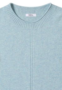 Hellblauer Pullover mit geripptem Rundhalsausschnitt, aus weichem Stoff gefertigt, mit einer mittigen Nahtdetails und dem Etikett "CECIL" am Ausschnitt.