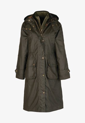 Manteau long vert olive avec une fermeture éclair et des boutons pression, deux poches avant, capuche ajustable et doublure matelassée.
