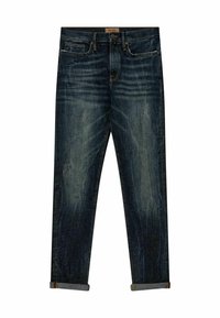 Tumedate sinised teksad, millel on kulunud ja kulutatud välimus, sirge lõike ja ümberpööratud sääred. Sisaldab esikotte ja vöökohta.