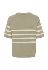Strikket kortærmet sweater i dæmpet grøn med cremefarvede vandrette striber. Har en ribkant i halsen og en afslappet pasform med raglanærmer.