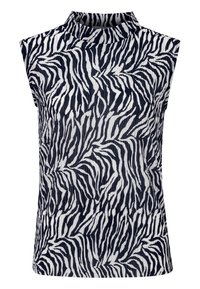 Granatowy i biały bezrękawnik z wysokim dekoltem, z wzorem w paski zebry i gładką, lekko teksturą.