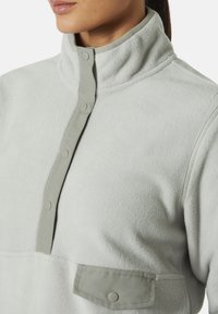 Jasnoszary polarowy pulower z wysokim kołnierzem, z zapięciem na guziki oraz przednią kieszenią z klapką i zatrzaskiem. Miękka tekstura i ciepły design.