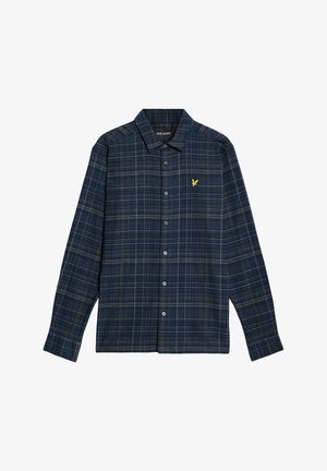 Marineblaues kariertes Langarmhemd aus Baumwolle. Verfügt über einen Button-Down-Kragen, eine durchgehende Knopfleiste und ein kleines gelbes Logo auf der Brust.