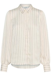 Cream blouse with vertical blue stripes, button-front, classic collar, long puff sleeves, and straight hem. Smooth, lightweight fabric.