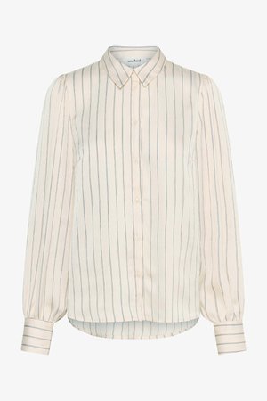Tejfehér blúz vertikális kék csíkokkal, gombos elülső résszel, klasszikus gallérral, hosszú puffos ujjakkal és egyenes szegéllyel. Simág, könnyű anyag.