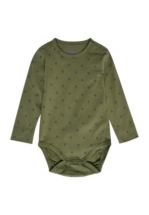 Langärmliger Baby-Body in olivgrün mit kleinem navyblauen Blumendruck, Druckknöpfen an der Schulter und elastischen Beinöffnungen.
