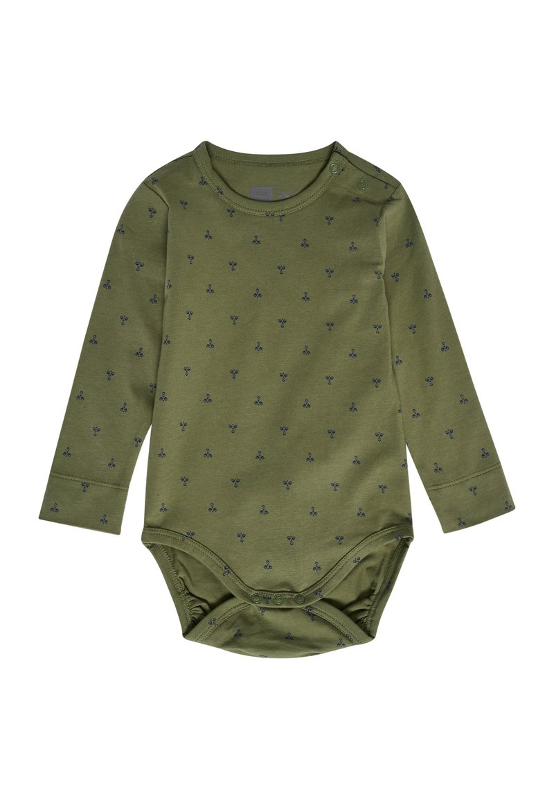 Olijfgroene baby rompertje met lange mouwen, voorzien van een klein marineblauw bloemenpatroon, drukknoopsluiting op de schouder en elastische beenopeningen.