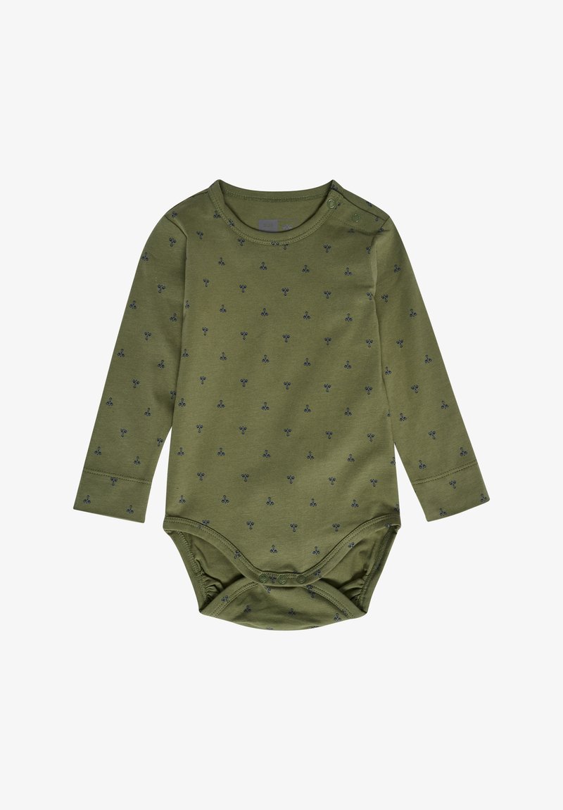 Langärmliger Baby-Body in olivgrün mit kleinem navyblauen Blumendruck, Druckknöpfen an der Schulter und elastischen Beinöffnungen.
