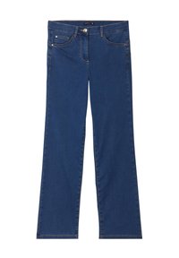 Jeans in denim blu scuro con un taglio a gamba larga, dotati di chiusura con bottone, tasche frontali e cuciture a contrasto per un tocco in più.