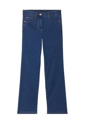 Dark blue denim jeans with a wide-leg cut, featuring a button closure, front pockets, and contrast stitching for added detail.