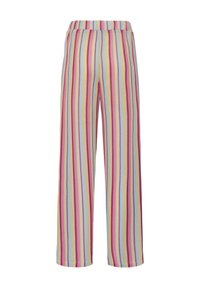 Laiade püksid vertikaalsete triipudega pastelsest roosast, sinisest, kollasest ja rohelisest, millel on elastne vöökoht.