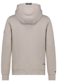 Lichtbeige hoodie met een trekkoordkap, ribbelmanchetten en een berglogo-details nabij de zoom en mouw. Zachte stoftextuur.
