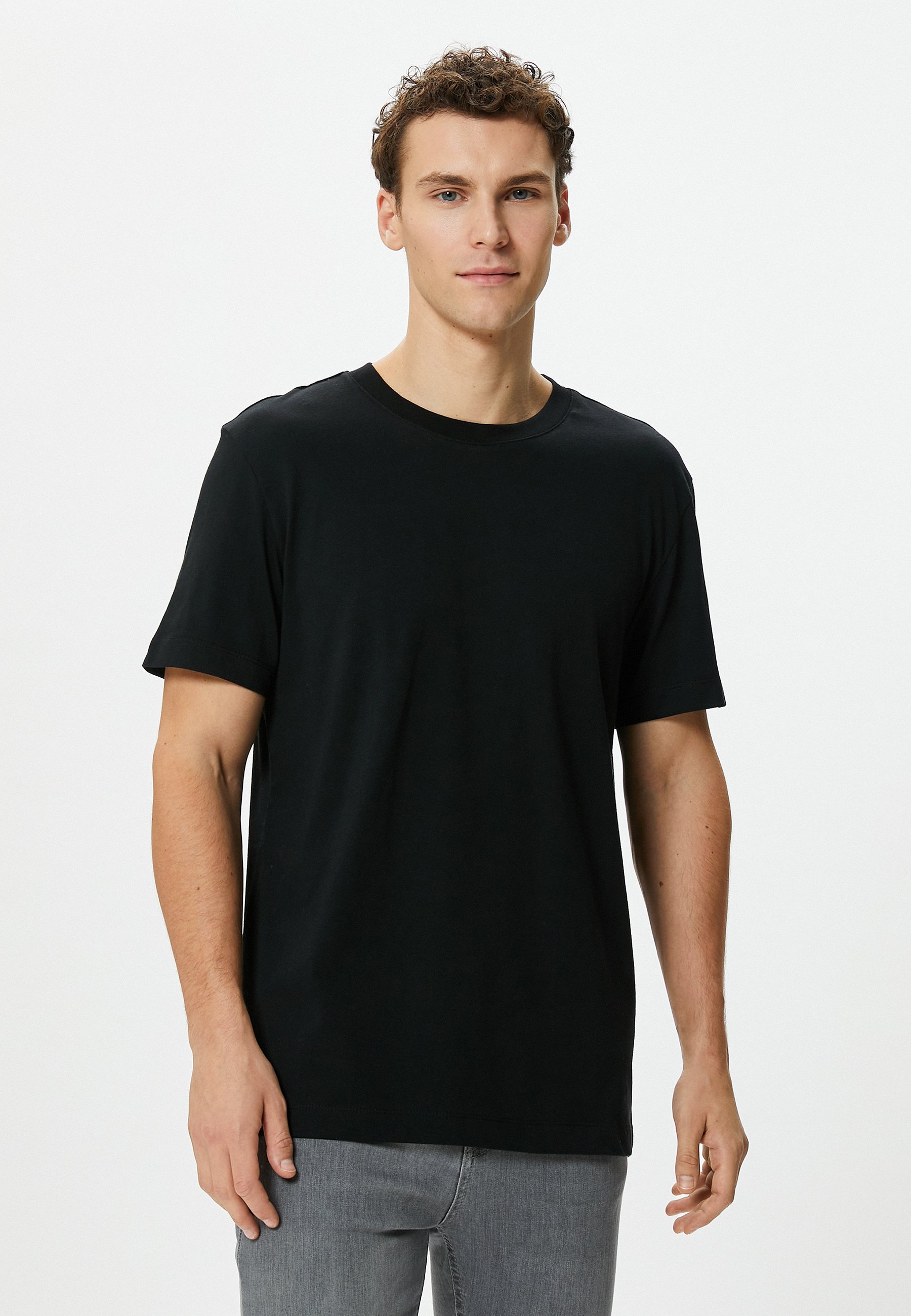 Koton Herren Basic T-Shirt – 100% Polyester, Crew Neck, Grau, Größe L