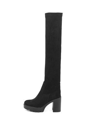 Schwarzer Overknee-Stiefel aus Wildleder mit klobigem Absatz und elegantem Design, mit minimalen Beschlägen und ohne sichtbare Muster.