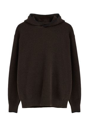 Sudadera con capucha de manga larga de punto color marrón oscuro con puños y dobladillo acanalados, mostrada sobre un fondo blanco.
