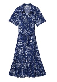 Vestido midi azul marino de manga corta con estampados blancos de flores, conchas marinas, estrellas de mar y caballitos de mar, con botones delanteros y cinturón para atar en la cintura.