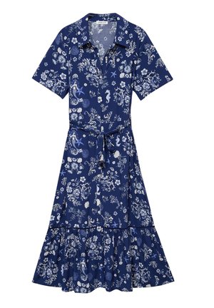 Robe midi bleu marine manches courtes avec motifs blancs floraux, coquillages, étoiles de mer et hippocampes, boutonnée devant et ceinture à nouer à la taille.