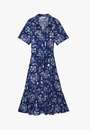 Robe midi bleu marine manches courtes avec motifs blancs floraux, coquillages, étoiles de mer et hippocampes, boutonnée devant et ceinture à nouer à la taille.