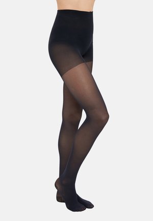 Black opaque tights with a smooth texture, high waistband, and reinforced toe area, transitioning to sheer at mid-calf.