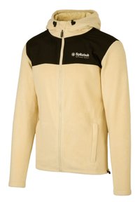 Giacca di pile crema con accenti neri sulle spalle e cappuccio; presenta una cerniera frontale e tasche laterali; logo visibile sul petto.
