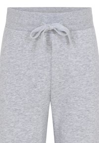 Helle graue Jogginghose mit einem gerippten Bund und Kordelzug, weichem Material und subtilen Melange-Muster. Keine sichtbaren Taschen oder Akzente.