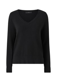 Maglione nero a V con maniche lunghe, polsini e orlo a coste. Realizzato in un tessuto morbido e testo per il comfort. Design semplice, senza fantasie o dettagli.