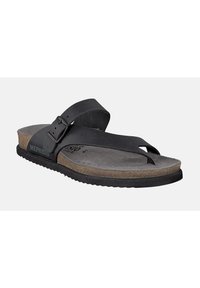 Sandale flip-flop en cuir noir avec une large bride, boucle réglable, semelle en liège, doublure grise et semelle en caoutchouc noir texturé.