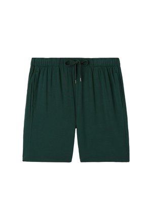 Dunkelgrüne Shorts aus weichem Stoff mit elastischem Taillenbund, Kordelzug und zwei seitlichen Taschen. Glatte Textur, entspannte Passform.