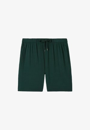 Tmavě zelené šortky vyrobené z měkké tkaniny s elastickým pasem, šňůrkou a dvěma bočními kapsami. Hladká textura, volný střih.