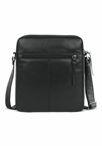 Borsa a tracolla in pelle nera con tasca con zip, design piatto e tracolla regolabile. Texture liscia con accenti hardware minimi.