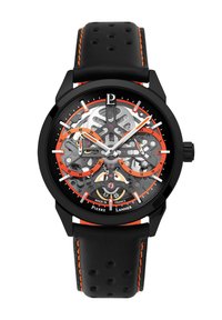 Schwarze Skelett-Uhr mit orangefarbenen Akzenten. Verfügt über ein transparentes Ziffernblatt, silberfarbene Zeiger und ein schwarzes Lederarmband mit Perforationen.