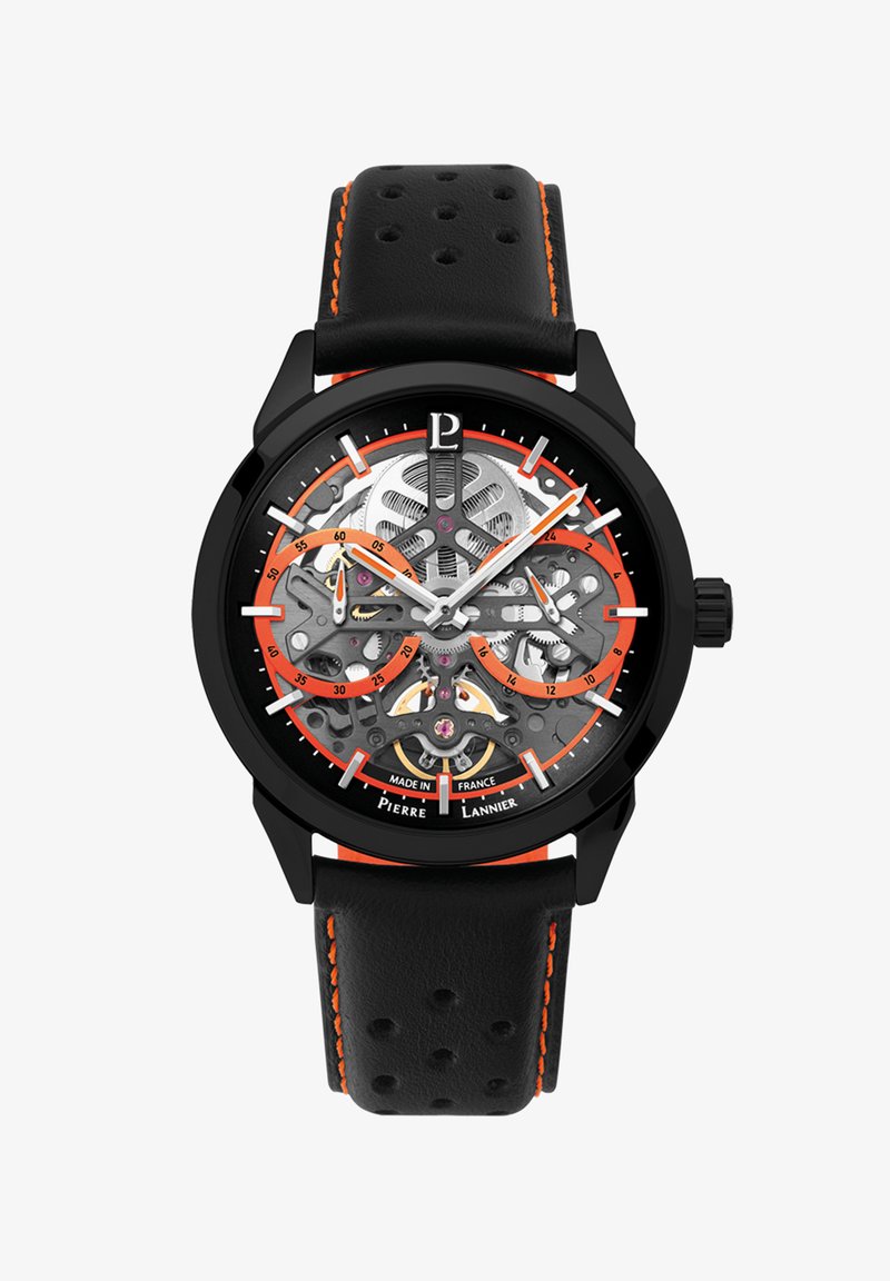 Schwarze Skelett-Uhr mit orangefarbenen Akzenten. Verfügt über ein transparentes Ziffernblatt, silberfarbene Zeiger und ein schwarzes Lederarmband mit Perforationen.