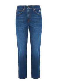 Jeans classici a gamba dritta in denim blu medio, con vita standard, design a cinque tasche e dettagli di cucitura arancioni in contrasto.