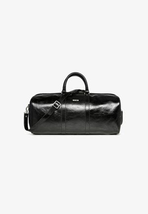 Czarna skórzana torba podróżna o gładkiej fakturze, zaokrąglonymi uchwytami, regulowanym paskiem i paskowanym wykończeniu na korpusie.