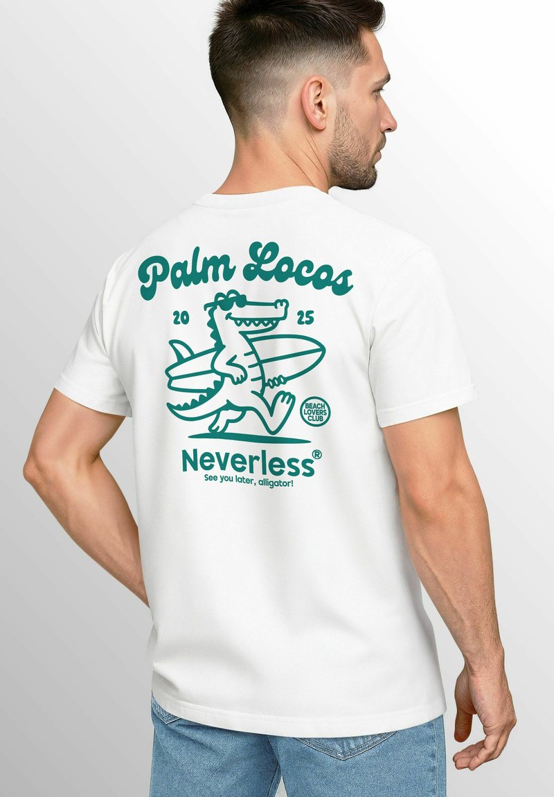 White t-shirt featuring a green graphic design of an alligator with a surfboard, text "Palm Locos 2025" and "Neverless," playful font.