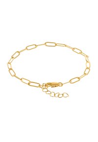 Bracciale in metallo dorato con catena a maglie ovali allungate e chiusura a moschettone. Include una catena di estensione regolabile per personalizzare la misura.