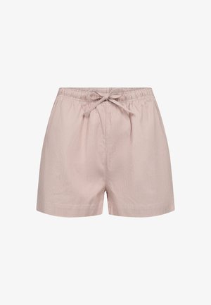 Vaaleanpunaiset ja valkoiset raidalliset shortsit, joissa on joustava vyötärö ja edessä solmittava nauha. Valmistettu pehmeästä kankaasta, joka tarjoaa rennon istuvuuden ja käytännöllisen muotoilun.