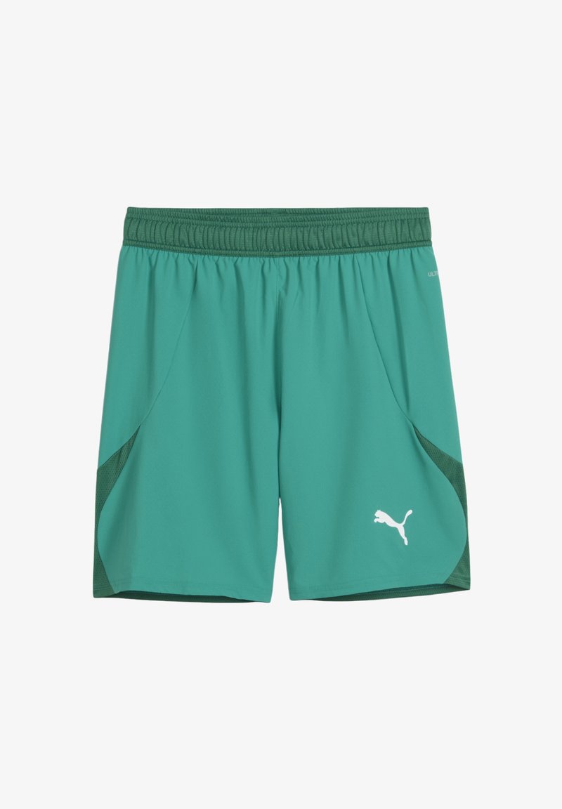 Pantalones cortos deportivos verdes y ligeros con una cintura elástica, paneles laterales de malla y un logo blanco de Puma en la parte inferior de la pierna derecha.