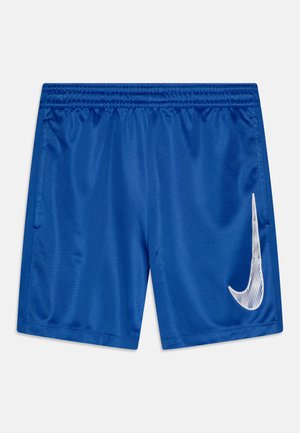 Shorts de sport bleus en tissu lisse, dotés d'une taille élastique et d'un logo Nike blanc avec des détails rayés sur le côté.