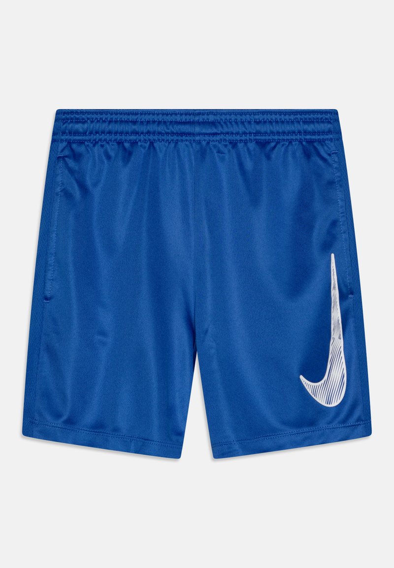 Sinised sportlikud lühikesed püksid, mis on valmistatud siledast kangast, elastse vöökoha ja valge Nike logo ning triibulise detailiga küljel.