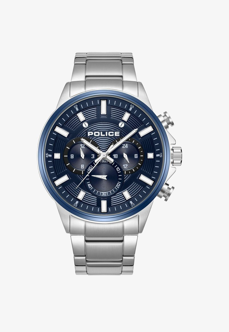 Orologio in acciaio inossidabile argentato con lunetta blu, quadrante navy testurizzato, indici bianchi e tre sotto-quadranti cronografici neri.