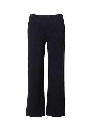 Schwarze Hose mit weit geschnittenem Bein, aus einem dehnbaren Stoff gefertigt, mit einem elastischen Bund und einer glatten, unifarbenen Oberfläche.