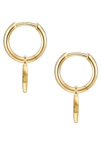 Auksu padengtos auskarų žiedai, turintys dvigubo žiedo dizainą, su lygiu, blizgiu paviršiumi ir kabančiu akcentu iš apatinio žiedo.