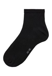 Schwarze Knöchelsocke aus glattem Textil. Verfügt über einen gerippten Bund und eine verstärkte Zehenpartie, mit Größenangaben auf der Seite gedruckt.