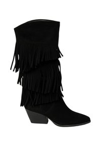 Bottes de cow-boy en suede noir avec trois couches de franges, bout pointu et talon carré.